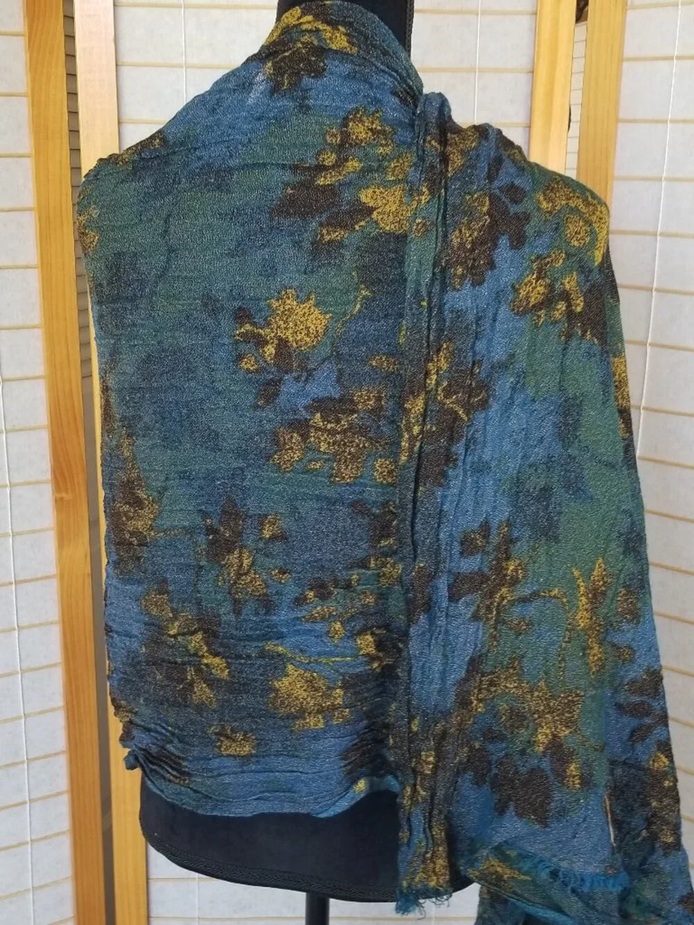 Ann Taylor Blue Scarf Night Sky Black Gold Accents Rectangular Wool Blend Long